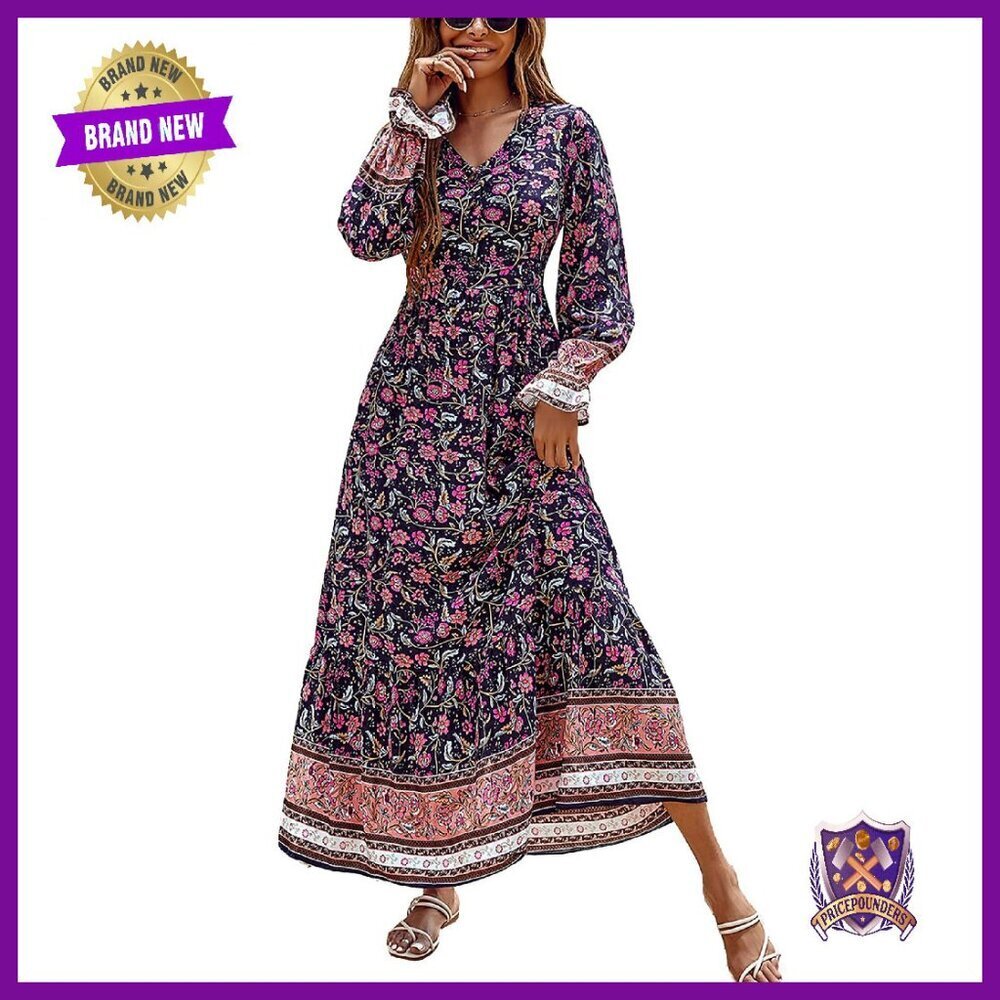 Long Sleeve Maxi Dress V Neck High Waist Boho Floral Button Down